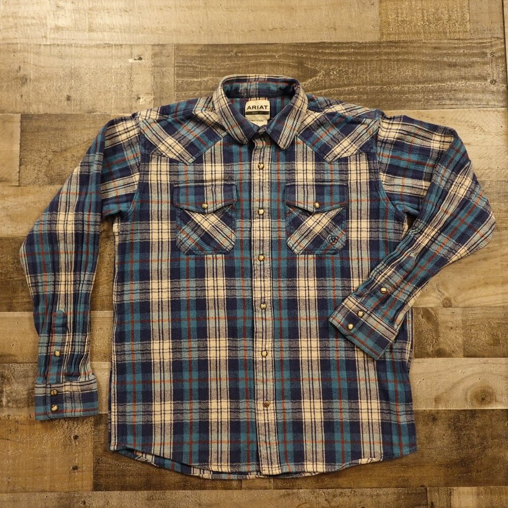 Ariat Retro Fit Plaid Flannel Shirt Men’s Large Blue,‎ cream, and rust plaid